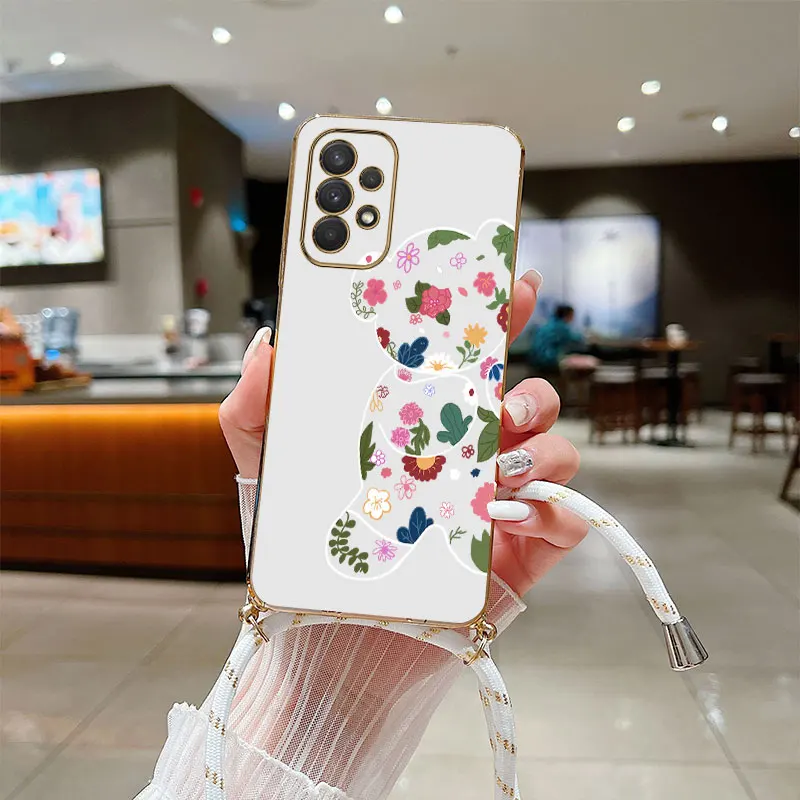 Bloem Beer Crossbody Lanyard Siliconen Telefoon Hoesje Voor Samsung Galaxy A73 A71 A71 A52 A52 A32 A53 A 03S A04 A03 A54 A51 Cover