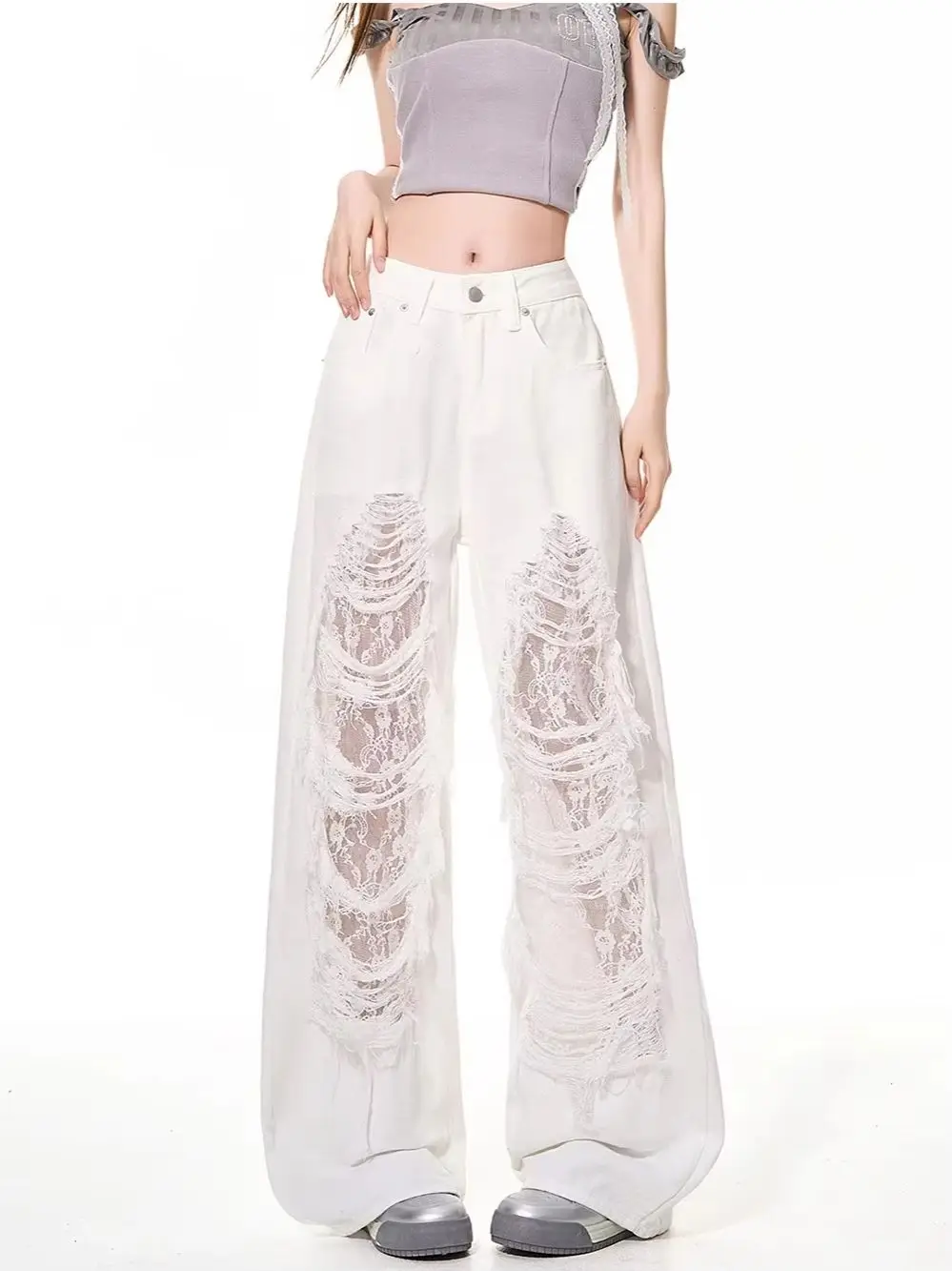 

Unique Cool Lace Splicing Jeans Women's Summer Distressed American Style Loose Fit Versatile Straight Leg Long Pants