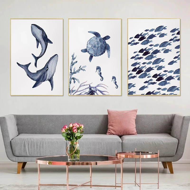 Ocean Animal Shark Turtle Dolphin Whale Fish Poster Watercolor Canvas Painting Print for Wall Living Room Nursery  Home Decor