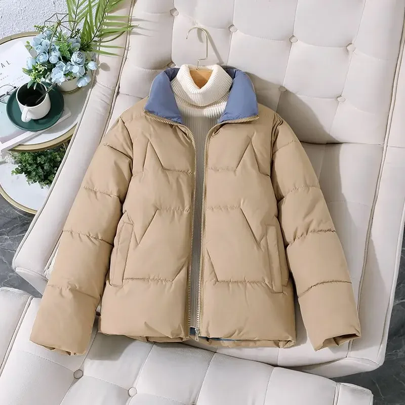 2023 Puffer Jacket Women Winter Cotton-padded Jacket Parkas Warm Long Sleeve Solid Color Short Coat Thickened Outerwear