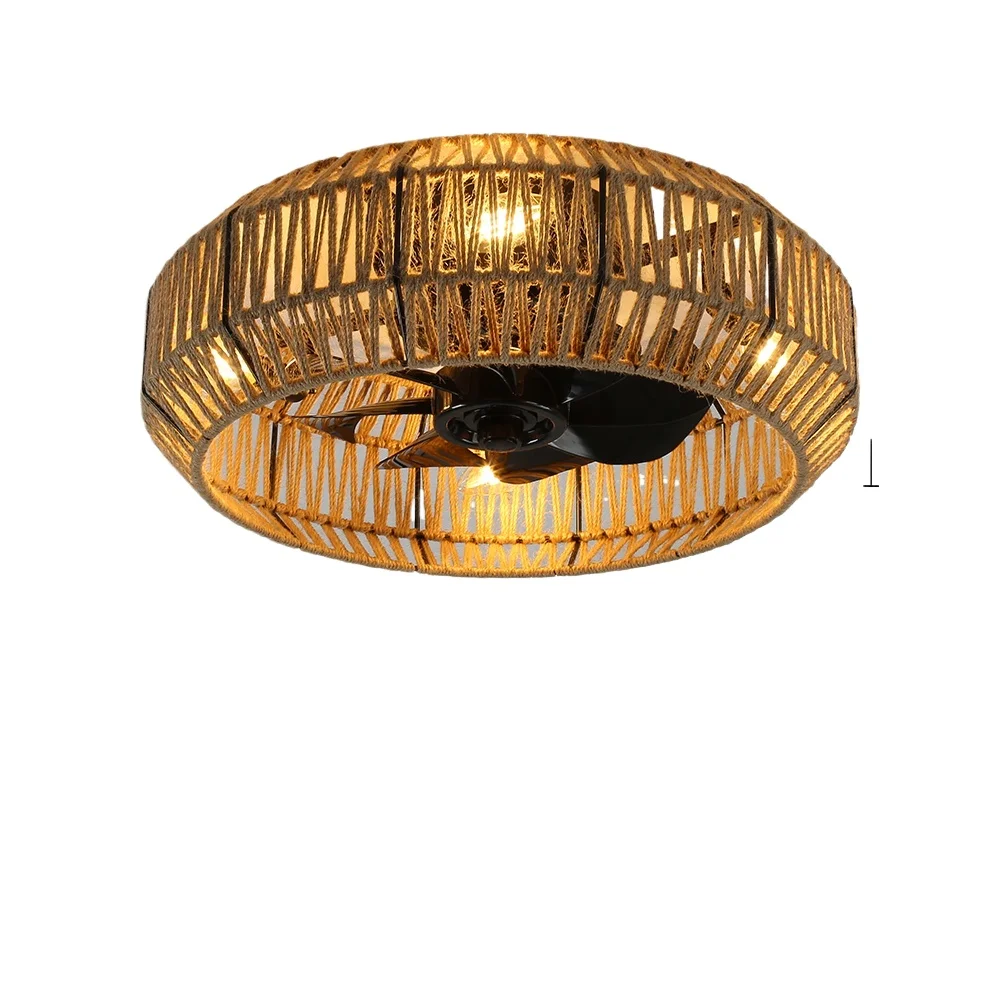 Creative American Braided Hemp Rope Fan Restaurant Brown Vintage Ceiling Fan Light