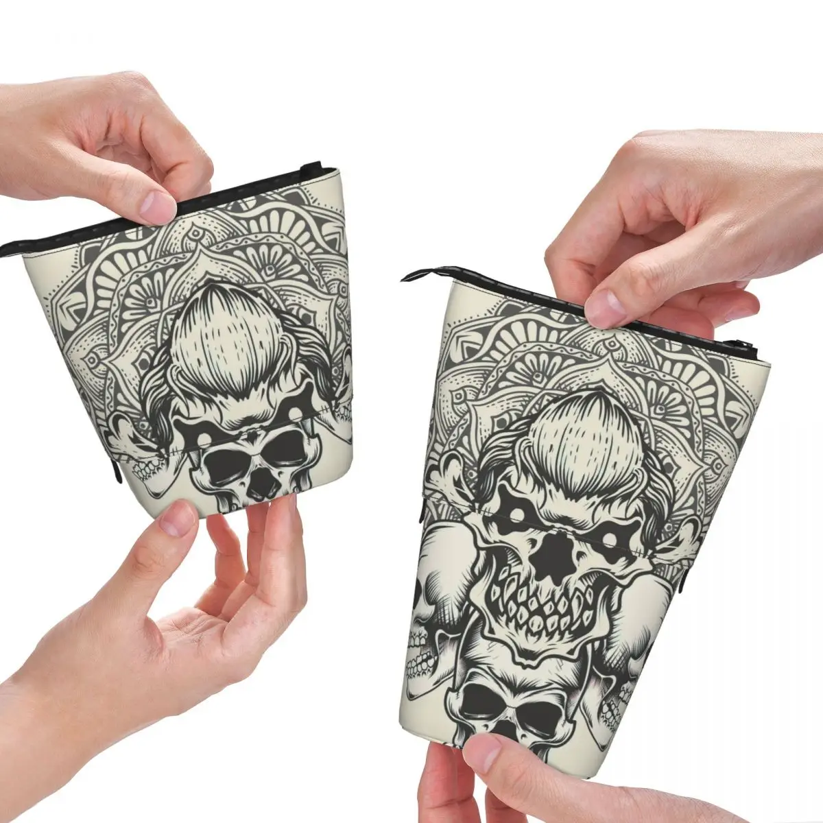 Skull With Vintage Circle Mandala Pen Box Student School Zipper Pen Bag Pencase Vertical Retractable Pencil Case