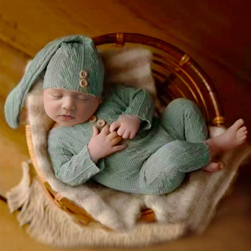 Newborn Boy Photo Props Knitting Clothes Baby Boy Jumpsuit Knot Hat Set Infants Photo Shooting Bodysuit Beanies