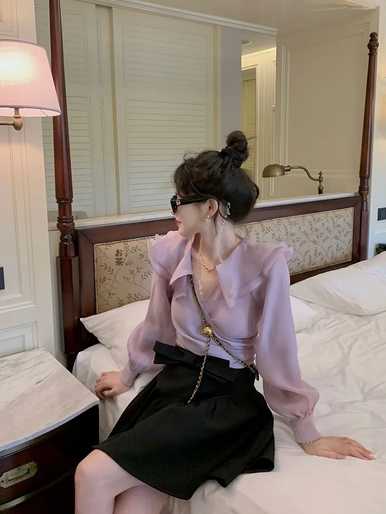 

Whysocold Women's Loose Long Sleeve V-Neck Shirt Purple Lace Design Pure Color Spring Fashion Commute Style Regular Fit Shirt