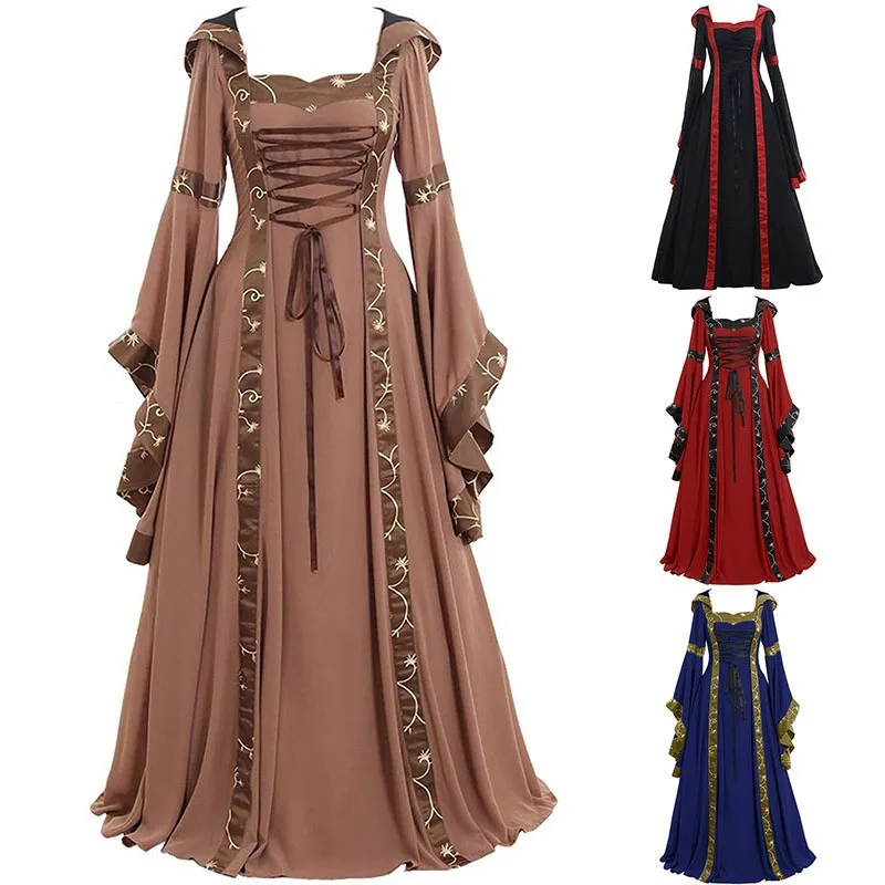 Vintage mittelalterliches Maxikleid für Damen, Gothic-Verband, ausgestellte Ärmel, bodenlanges Kleid, elegante Damenkleider mit hoher Taille und quadratischem Ausschnitt