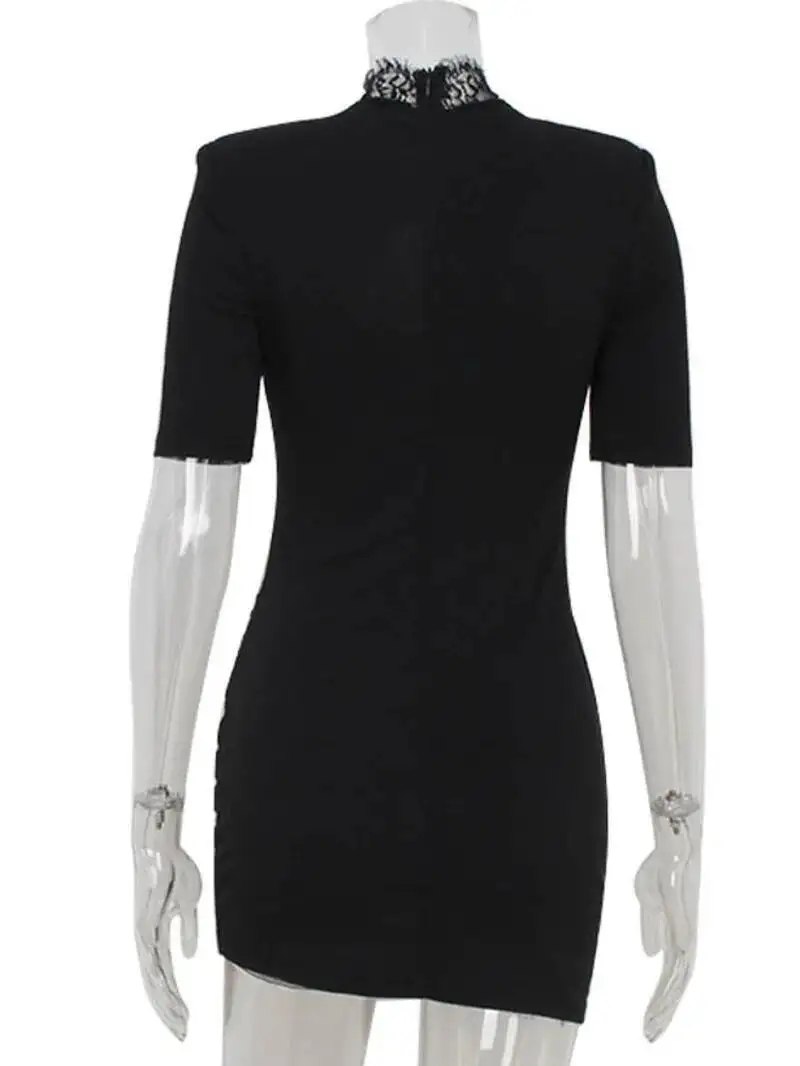 섹시한 미니 드레스 여성용 솔리드 레이스 터틀넥 슬림핏 바디콘 홀로우 아웃 반소매 스트리트웨어 베스티도스 로브 GX98