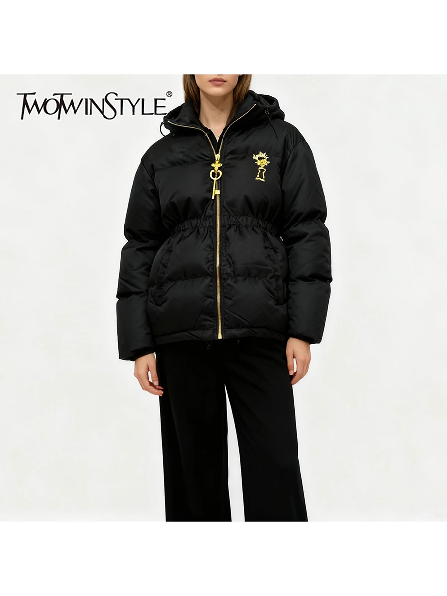 

TWOTWINSTYLE Solid Spliced Sequined Fashion Parkas for Women Hooded Collar Long Sleeves Tunic Parka Female Winter Clothing New