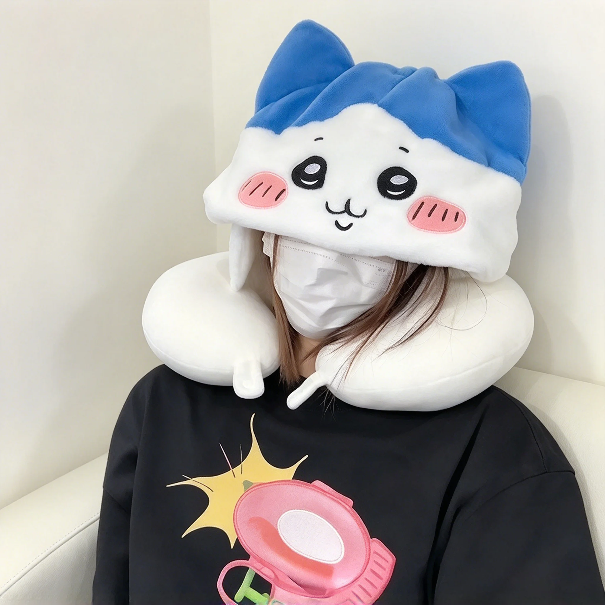 Cute Chiikawa U Shaped Neck Pillow Soft Plush Hooded Office Travel Headrest Hachiware Usagi Portable Rest Cushion Christmas Gift