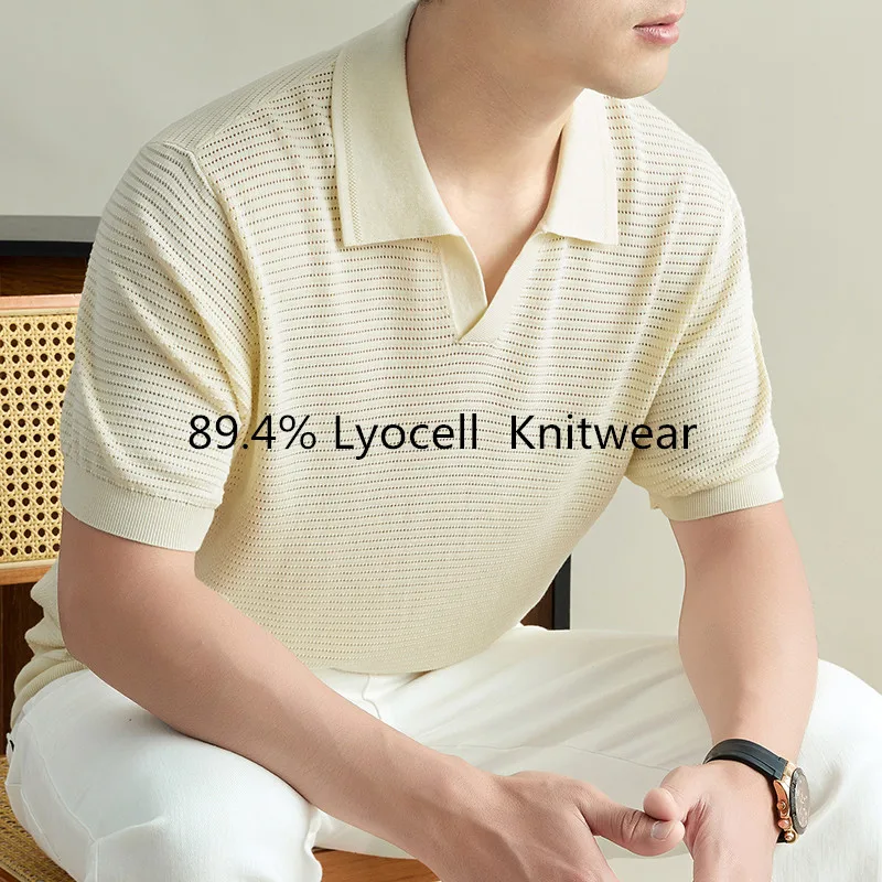 

89.4% Lyocell Good Quality Knitwear for Men 2026 Summer Hollow Knitting Polo Shirt Short Sleeve Tops Breathable Knit T-Shirt