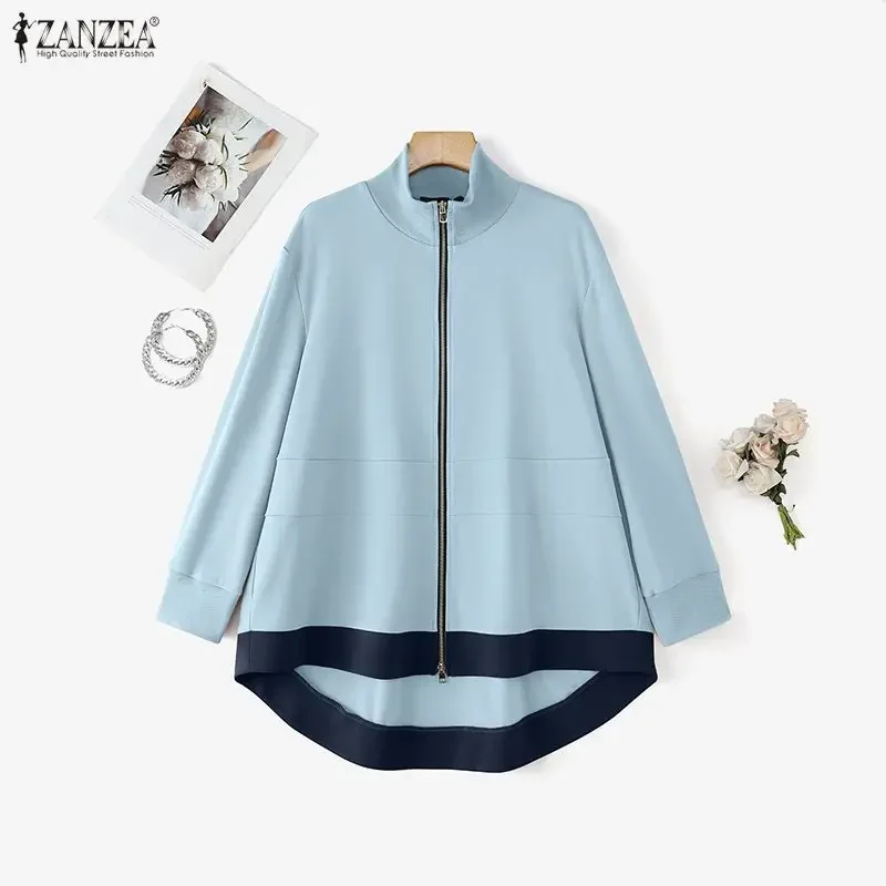 ZANZEA Women Fashion Jackets Long Sleeve Turtleneck Coats 2026 Autumn Zipper Casual Color Pactchwork Streetwear Outercoats Shirt