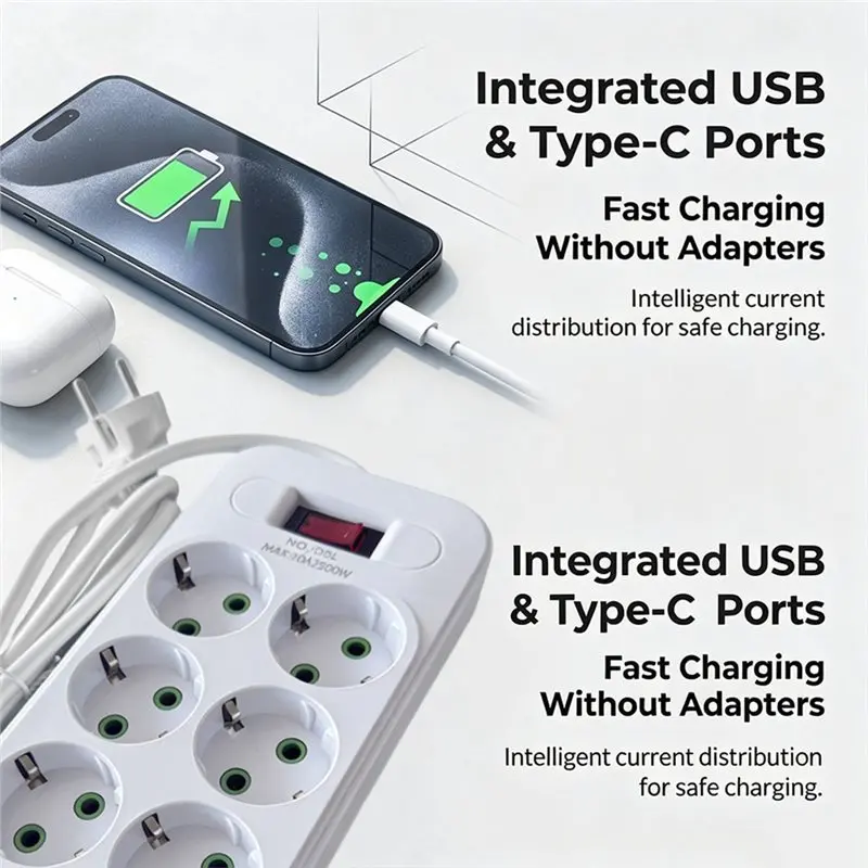 B23B EU Plug 2M Cable 2500W Power Strip 11 In 1 With 6 AC Outlets, 4 USB, 1 Type-C Master Switch For Home Office Dorm Room