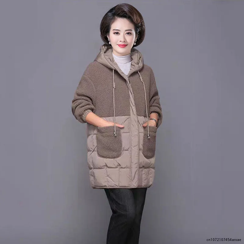 Women Padded Jackets Autumn Winter Hooded Outerwear 2023 Loose S-4XL Down Cotton Jacket Mid-Length Lamb Wool Thick Coat Female