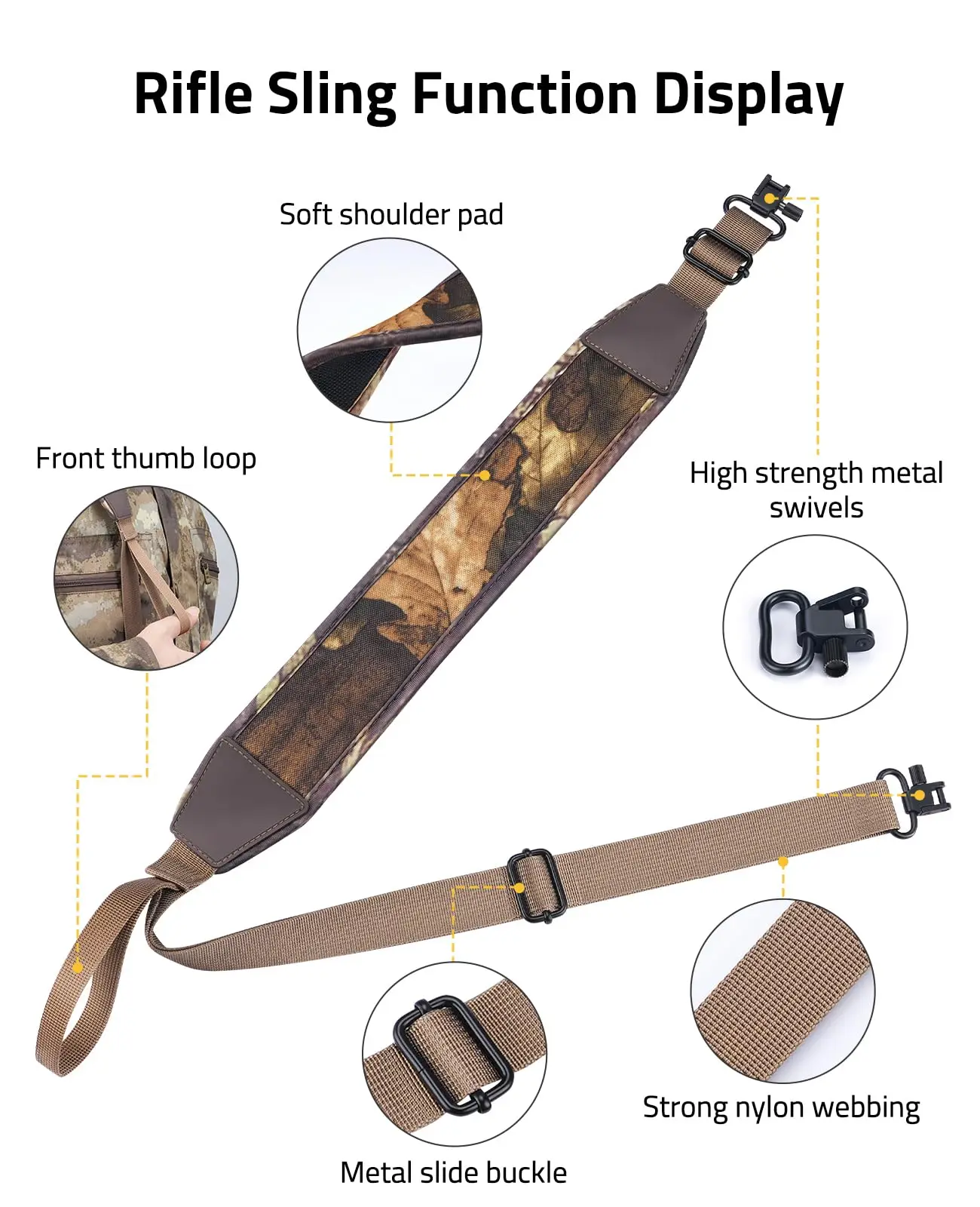 CVLIFE Zweipunkt-Schlinge, Gewehrschlinge mit breiten, mit Neopren gepolsterten Metallwirbeln, Daumenschlaufenlänge, verstellbar für den Außenbereich
