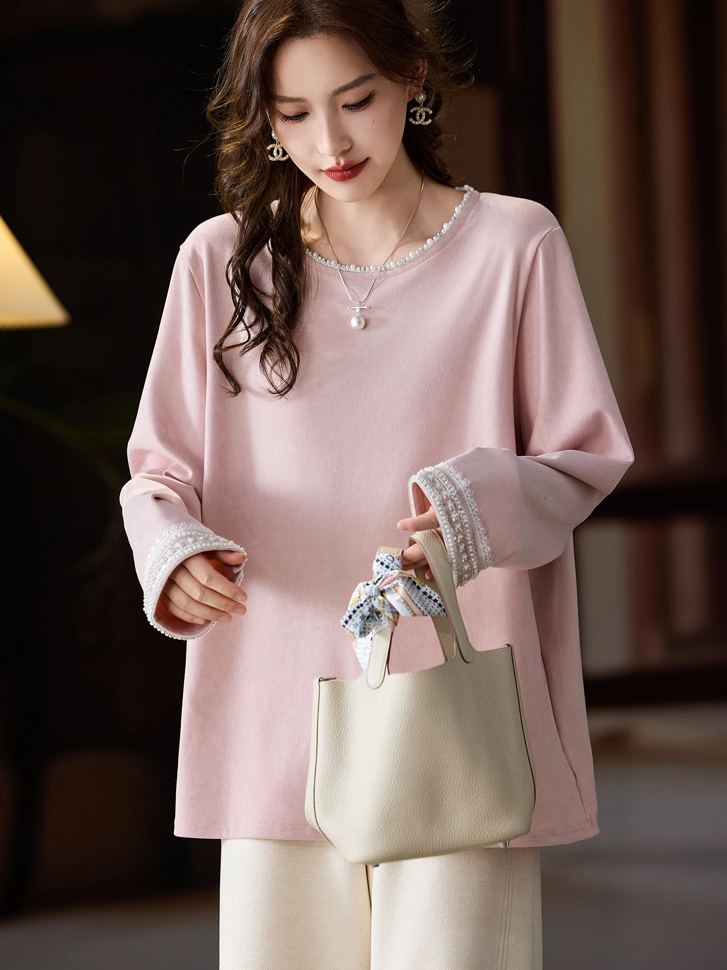 

Женская футболка с длинным рукавом, свободного кроя, больших размеров, в уличном стиле, с круглым вырезом, с жемчужной отделкой, из полиэстера и спандекса