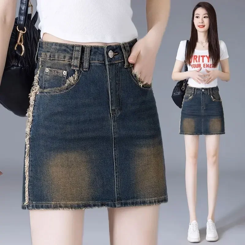 Damskie spódnice jeansowe z wysokim stanem, krótkie, Y2k, vintage, codzienne, estetyczne, letnie 2025, tanie, w kształcie litery A, w stylu koreańskim.