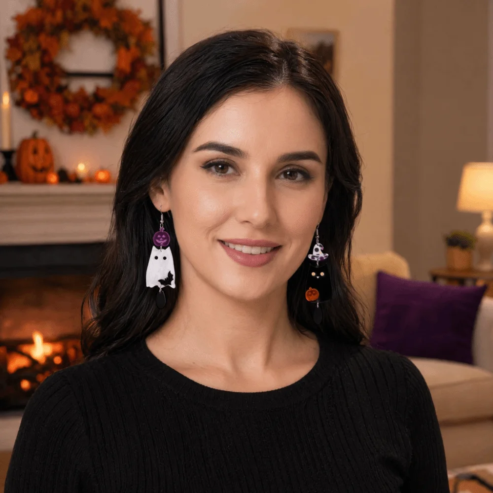 Black And White Halloween Acrylic Earrings Creative Pumpkin Bat Design Ghost Cat Pendant Jewelry Gothic Lightweight
