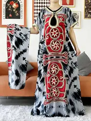 2024 New Abaya Loose Short Sleeve African Dashiki Dress Rhinestones Printing Soft Cotton Woman Elegant Maxi Islam Lady Dress