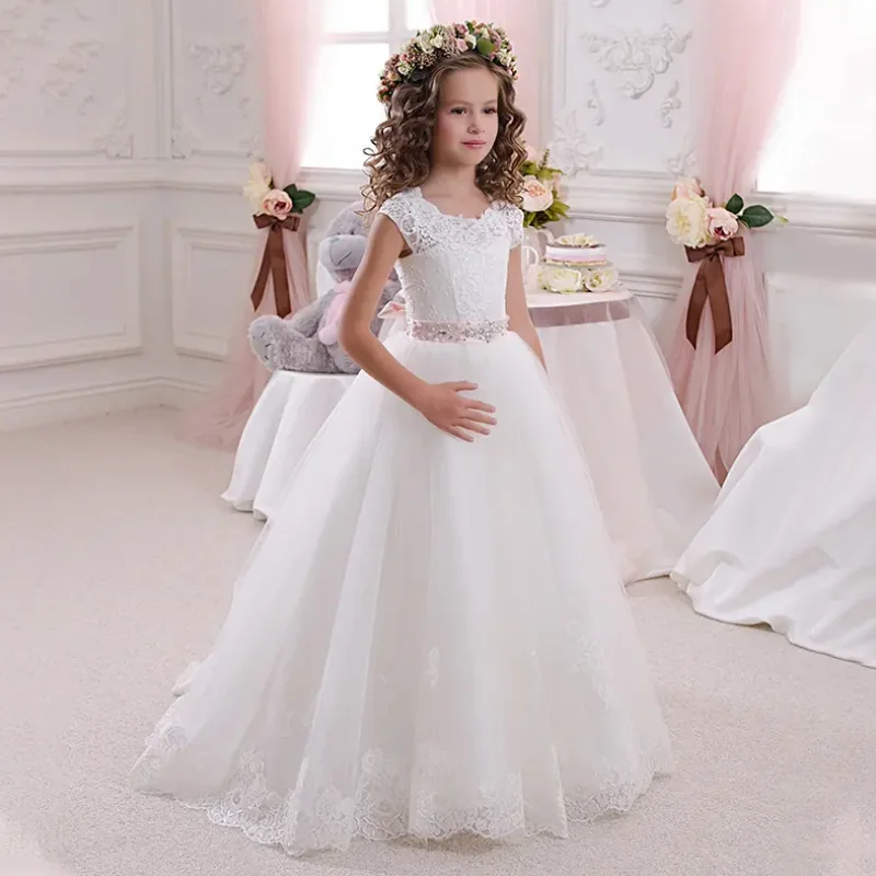 

White Flower Girl Dresses Tulle Puffy Appliques Lace Hemline With Bow For Wedding Birthday Party Banquet Princess Gowns