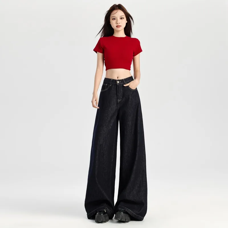 2025 Spring Women's Dark Blue Jeans Sweatpants Y2K Trendy Casual Pants Women Trousers Women's Clothing Daily Travel Pants New