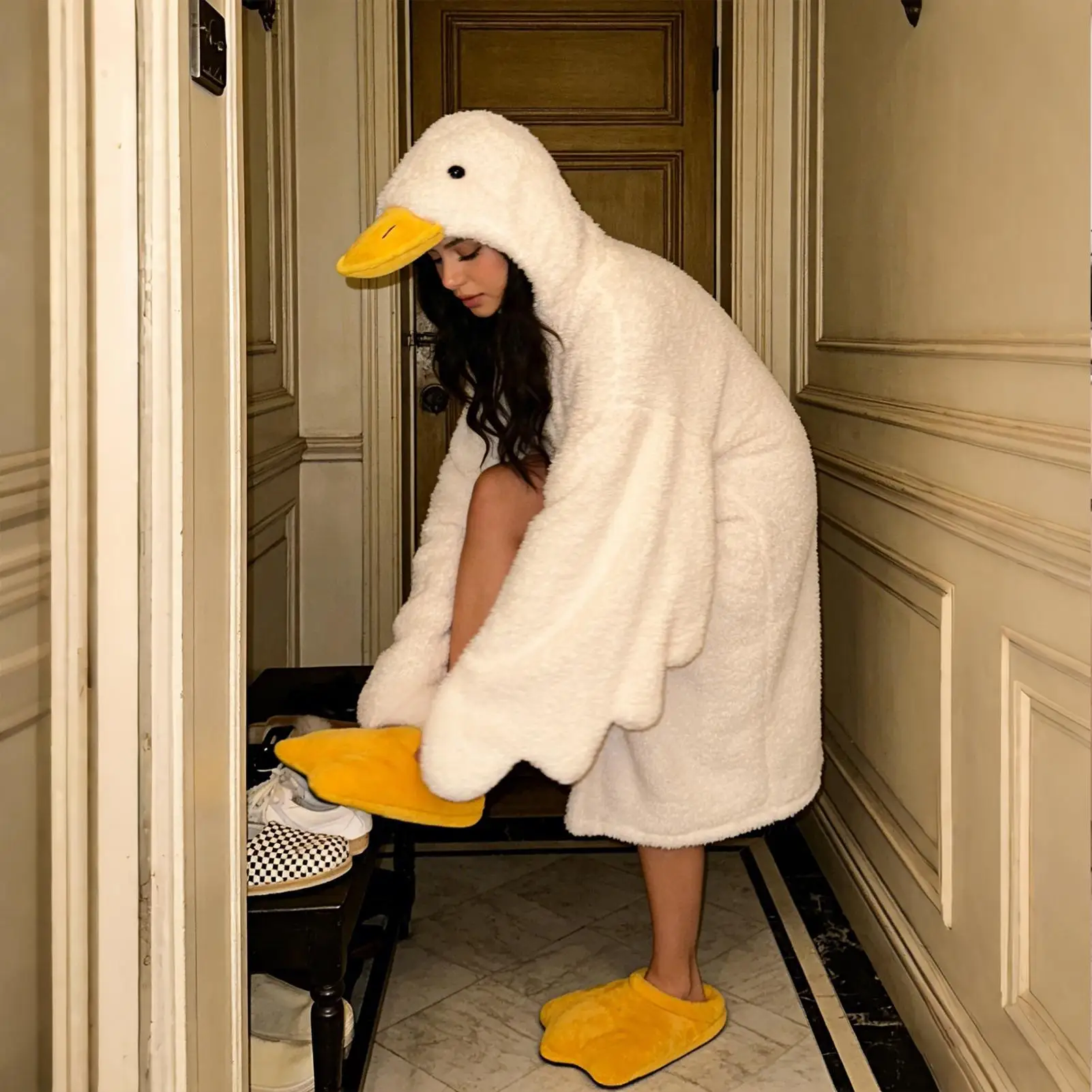 Cartoon Big Goose Robe Nightgown Large Wearable Goose Down Blanket Hooded Onesie Suitable for Adults and Children Shoes Included