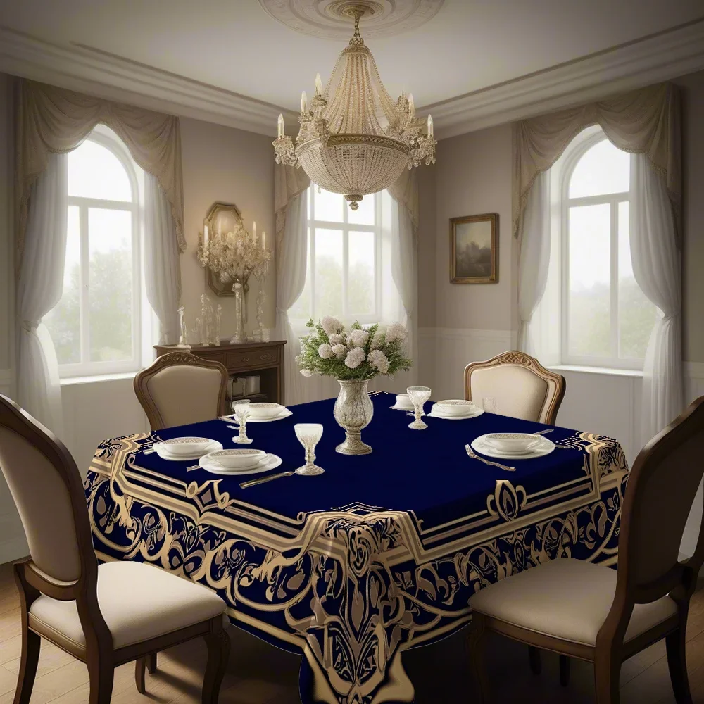 JIT 1PC printed square tablecloth, dark blue background, with theme border and golden patterned border elementsxzj