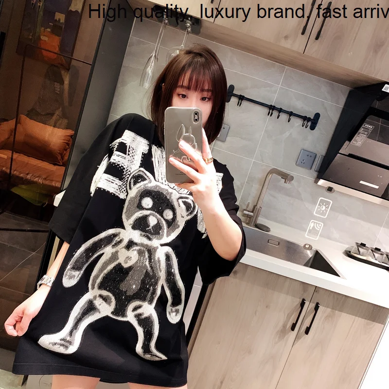 New Summer 2023 Fashion Lady Oversize Tee High-end Hot Drilling Bear Back Wings Mid-long Top Short Sleeve T-shirt Unisex Hip Hop