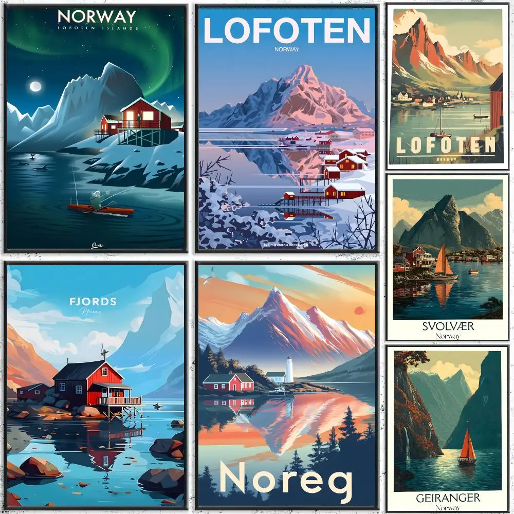 Landscape Norway Fjord Poster Self-Adhesive Waterproof Wall Stickers, Coffee Bar Home Wall Decor