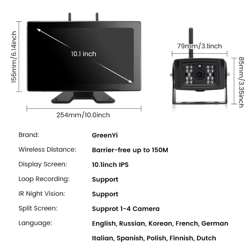 GreenYi 10 '' AHD Registratore DVR wireless digitale Telecamera di retromarcia con monitor WiFi per camion/rimorchio/autobus/camper/micros