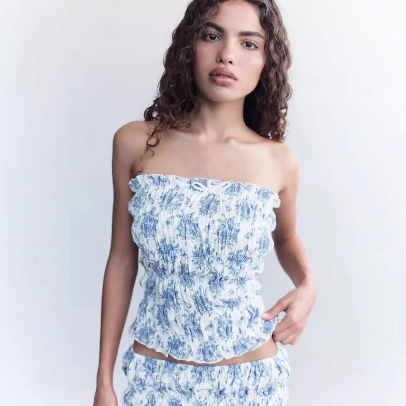 

2025 New Summer European and American Street Fashion Hot-Selling Printed Sexy Ruched Tube Women's Top with Lace Shorts