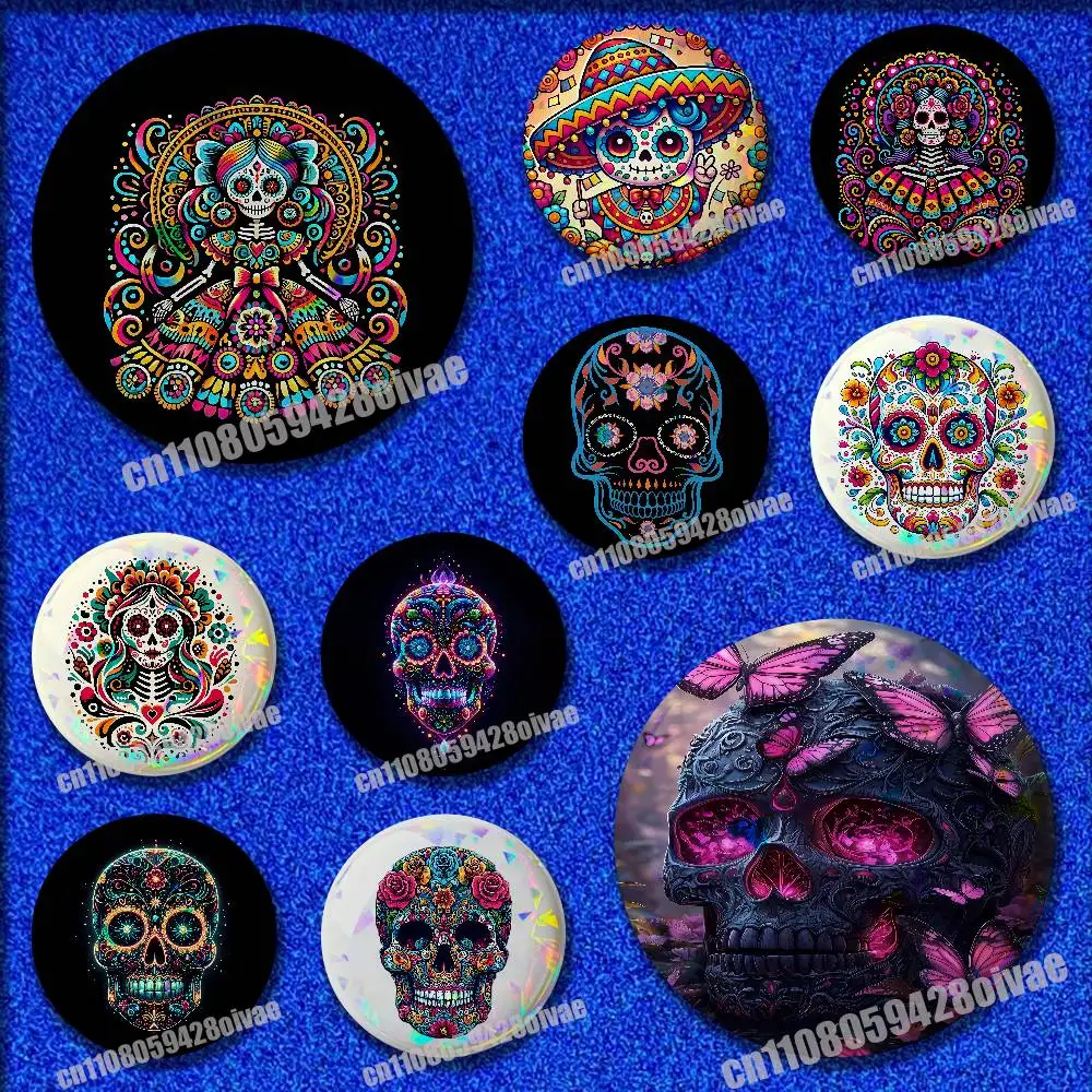 

Day of the Dead Sugar Skulls Flower Insignia Badge Cover For Brooch Button Round Pins Decoration 32mm 44mm 58mm