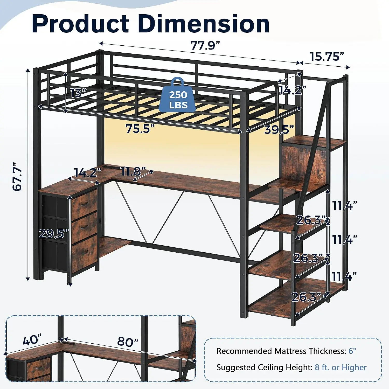 Twin Loft Bed Stairs Desk LED USB Charging Metal Frame L-Workstation Storage Drawers Shelves Space-Saving Teens Kids, Customized