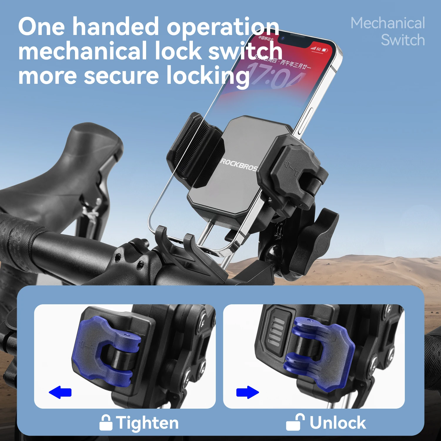ROCKBROS Bicycle Phone Holder Shock‑Absorbing Mechanical Lock Phone Mount 360° Rotatable Folding No‑Block Camera Phone Holder