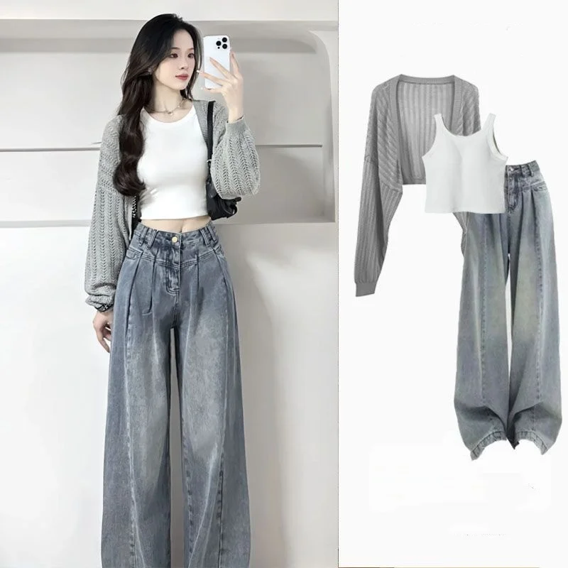 Women's Spring Fall Thin Knit Tops Vest Wide Leg Denim Pants Three Piece Suits Lady Fashion Short Shawl Tank Tops Jeans Outfits