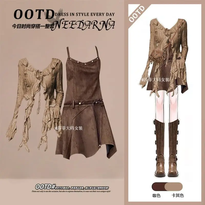 

2025 New Summer Everyday Casual Women's Long Sleeve Top And Slinge Dress Set Vintage Ethnic Women's Suit