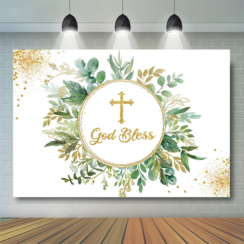 Mocsicka God Bless Backdrop First Holy Communion Baptism Baby Shower Background Leaves Flower Birthday Christening Photostudio