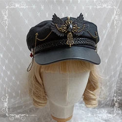 Gothic Military Hat Lolita Sailor Cosplay Harajuku Style Bead Chain Punk Hat Women Girl Sun Cross Black Beret Flat Top Caps