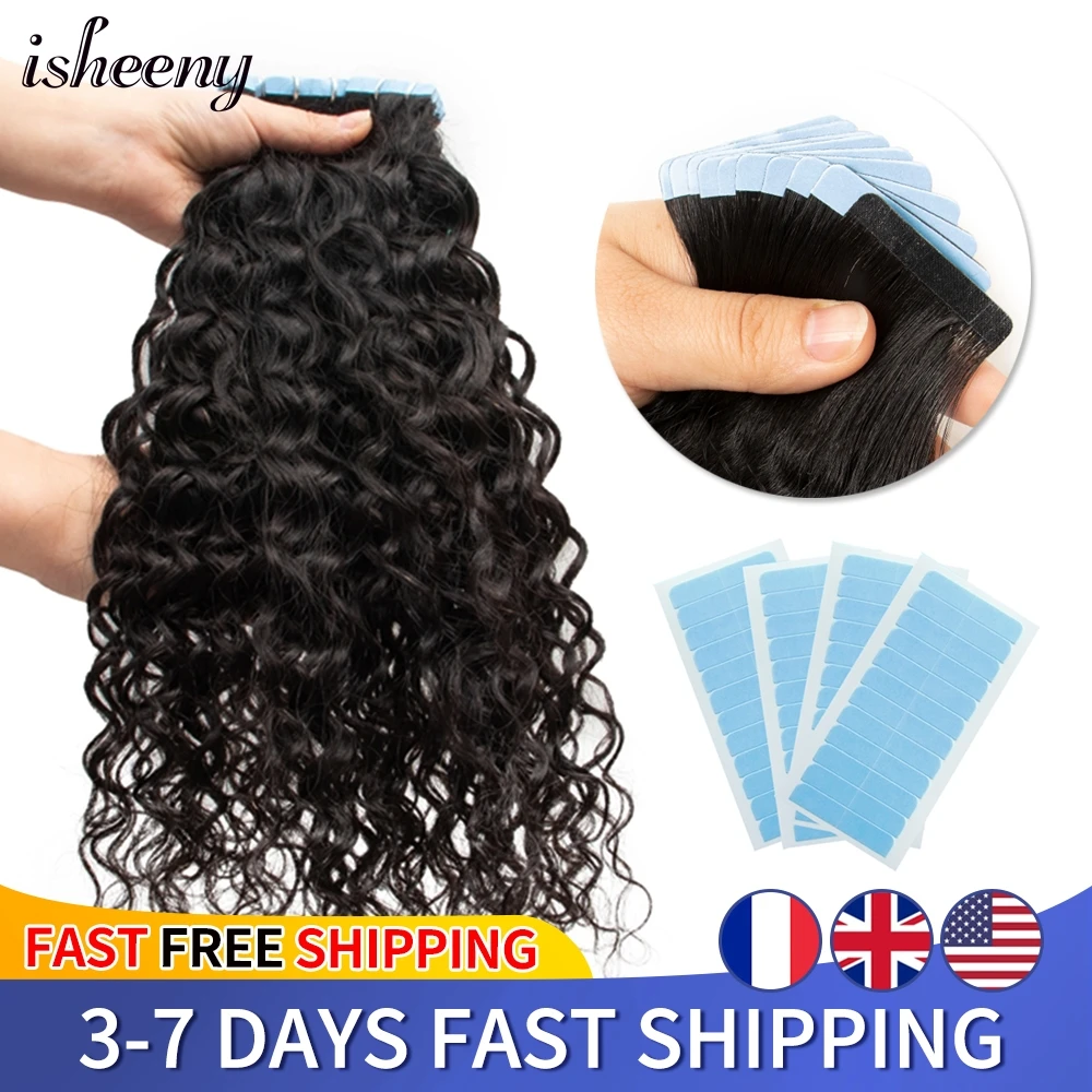 

Isheeny Water Curly Wave Tape in Human Hair Extensions Remy Curl Wet and Wavy Hair Bundles 12"-26" Natural Color 1B# 20pcs