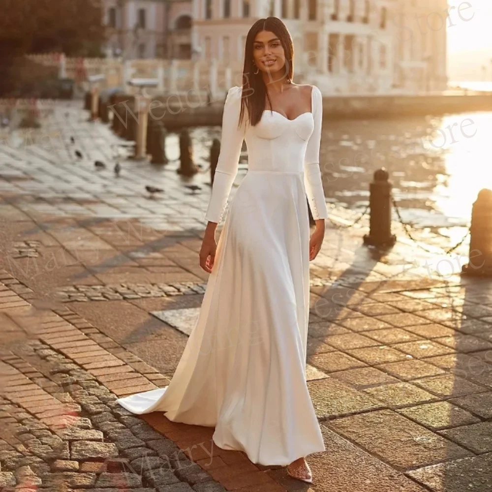 Boho Fashionable Simple Wedding Dresses Square Collar Satin Full Sleeve For Women Backless A Line Bride Gowns Formal Occasion