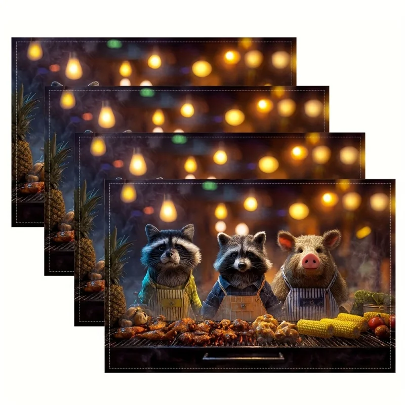 4Pcs Meerkat Family Linen Placemat Cute Animal Photo Table Mat Non Slip Coaster Heat Resistant Dining Bowl Pad Room Decor