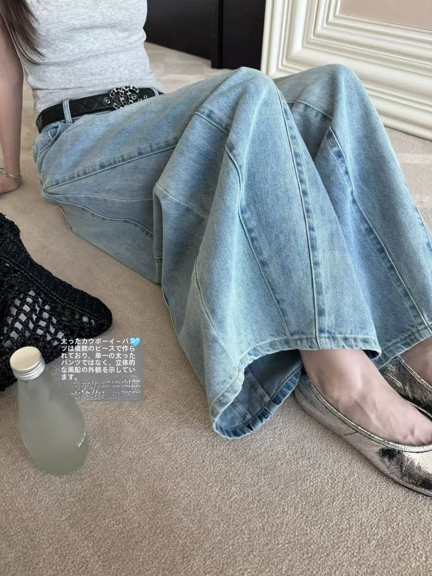 

Superniniyy Heavy Industry Washed Layers Light Blue Patchwork 3D Balloon Jeans Long Pants Women's Loose Fit Natural Waist Cotton