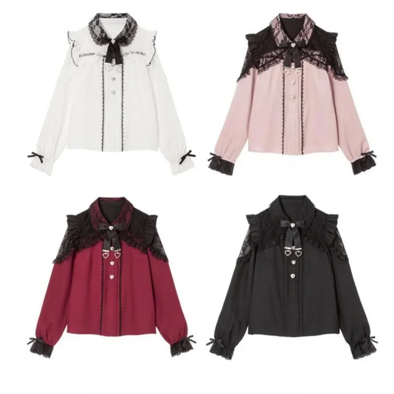 

Lace Bow Lolita Shirt Women Cosplay Japan Sweet Diamond Button Shirt Lace Patchwork Versatile Exquisite Heavy Industry Top New