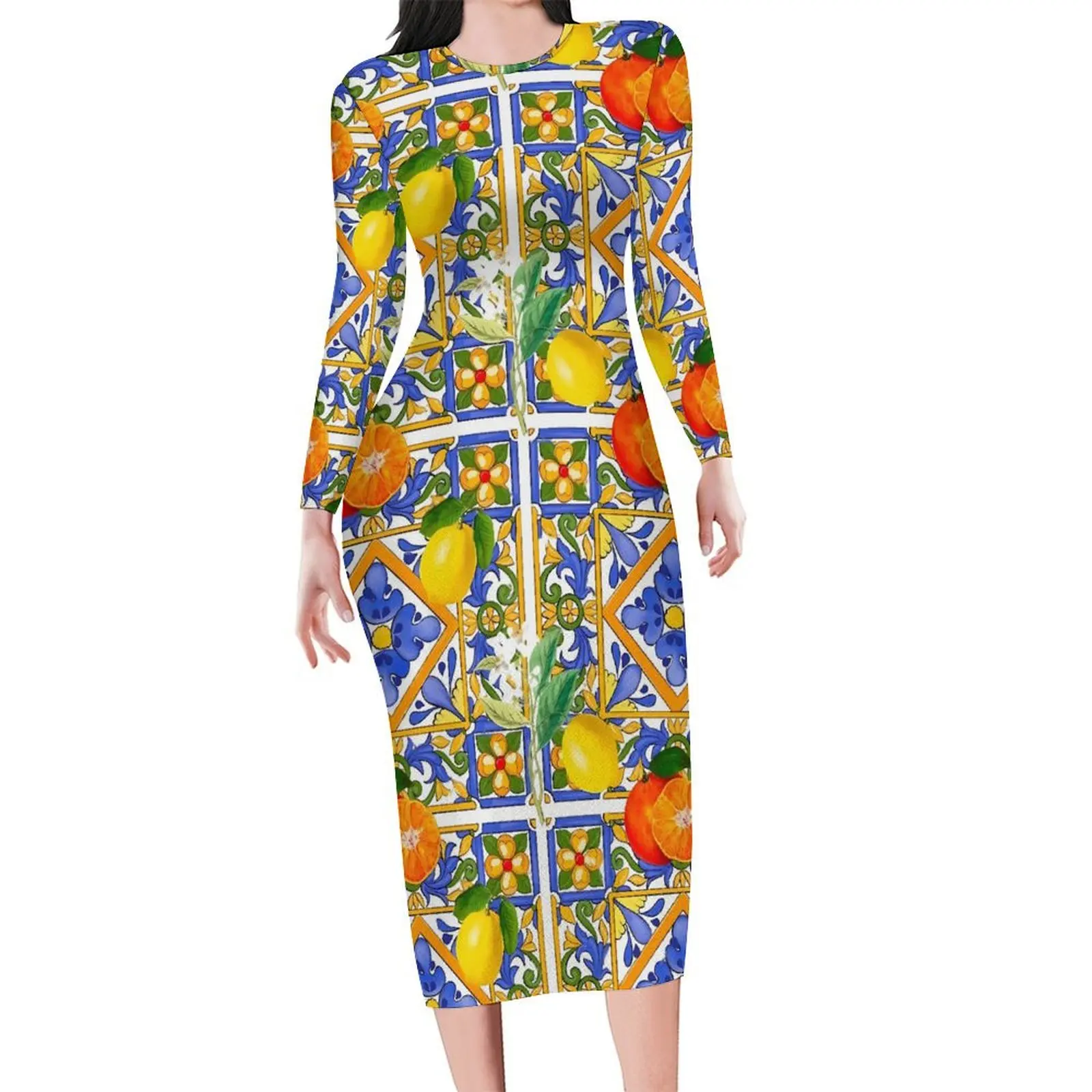 

Retro Fruit Print Dress Woman Citrus And Lemons Street Wear Bodycon Dress Holiday Long Sleeve Pretty Dresses Oversize Vestido