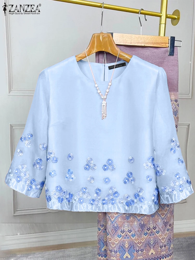 

ZANZEA Round Neck Floral Printing Blusas Mujer Elegant Day Wear Casual Women Blouses Three Quarter Sleeve Summer Chemise Femme
