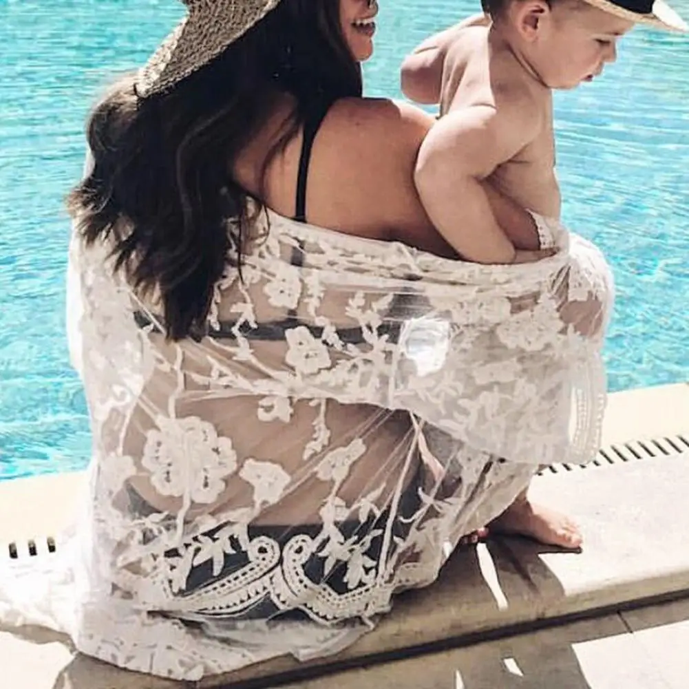 

Women Cardigan Lady Swimsuit Cover Up Stylish Lace Embroidered Women's Cardigan Sheer Chic Versatile Outerwear for Beach