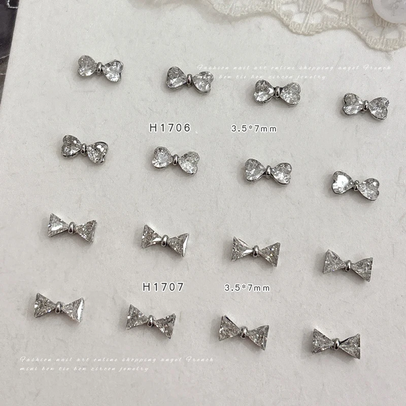10Pcs 3D Mini Silver Alloy Bow Nail Charms Shiny Love Triangle Zircon Bowknot Rhinestone Decor Luxury French Manicure Supplies