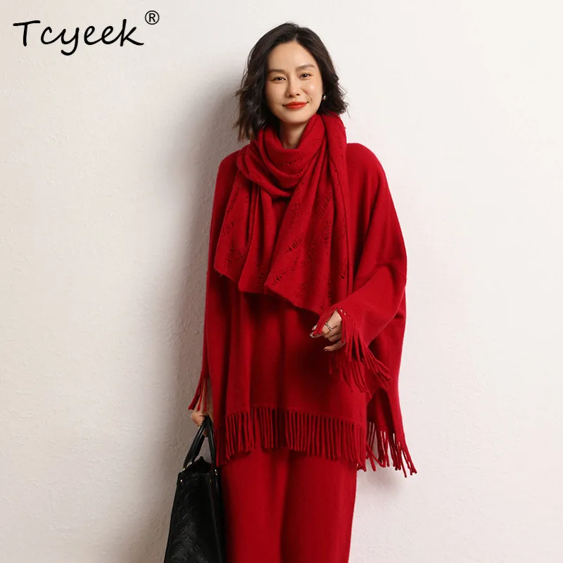 Tcyeek, 12Gขนสัตว์แคชเมียร์หลวมเสื้อกันหนาวผู้หญิงVคอTassels, Casualแฟชั่นPullover, 2024 ฤดูใบไม้ร่วงฤดูหนาวใหม่T48758QM