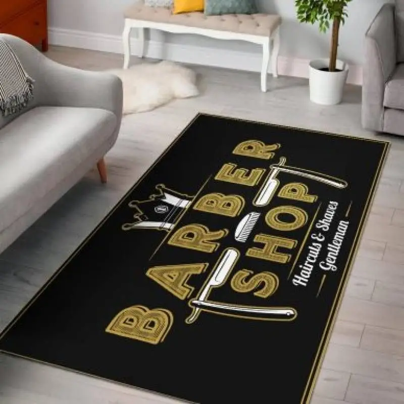 Living Room Mat Crossed Straight Razors Printed Large Rectangular Carpet Vertical BARBERSHOP Typography for Salon Sofa Floor