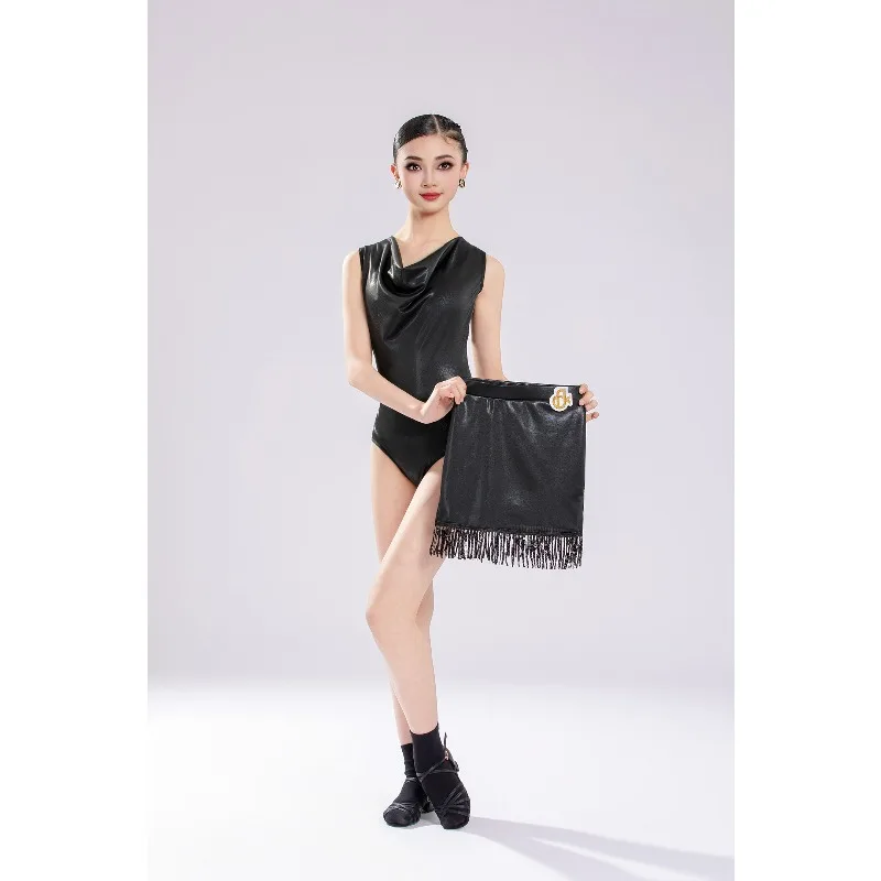 

Girls Latin Practice Dress, 2 Piece Outfit Black Fringed Skirt Set, Kids Professional Latin Performance Costume for Stage