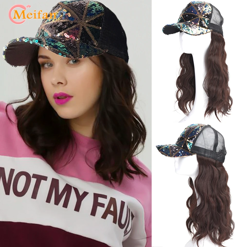 MEIFAN Synthetic Hat Wig Fluffy Natural Wave Curly Hair with Hat Sequin Breathable Baseball Cap Connect Adjustable Trucker Hat W