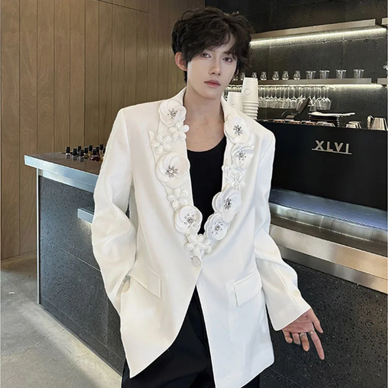 WTHT Fashion Men's Heavy Industy 3D Flower Diamond Design Blazer Coats Trendy Single Buckle Loose Jacket Male 2025 Autumn 2A2057